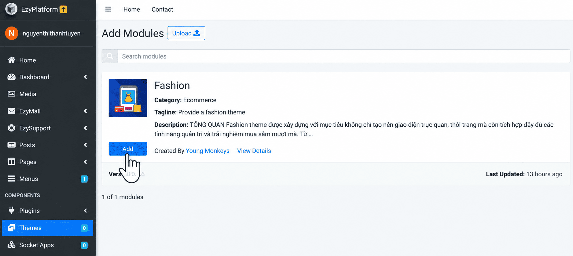 Nút Add xuất hiện khi đã mua theme Fashion