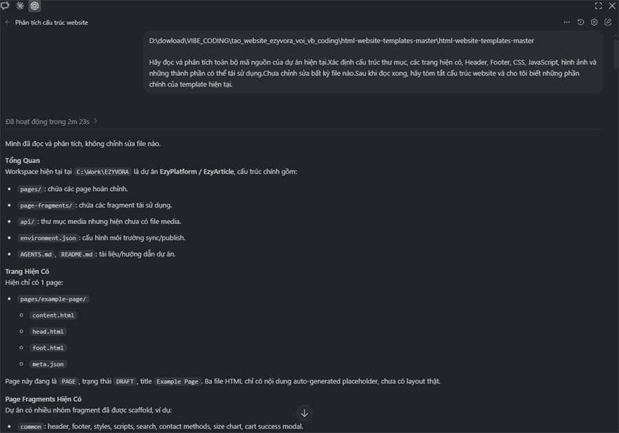AI đọc và phân tích cấu trúc mã nguồn website trong VS Code
