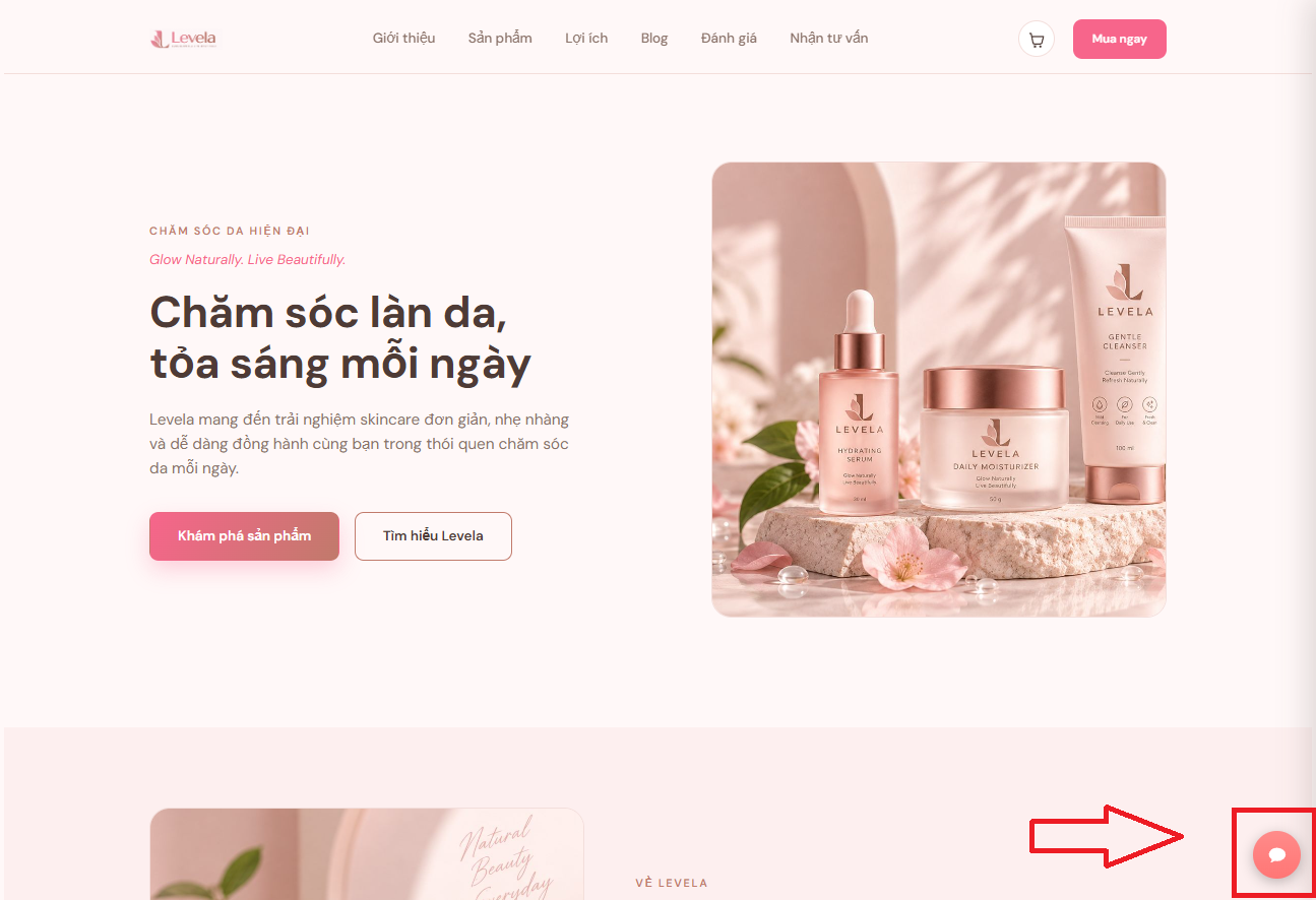 Icon chatbot xuất hiện trên Landing Page Levela