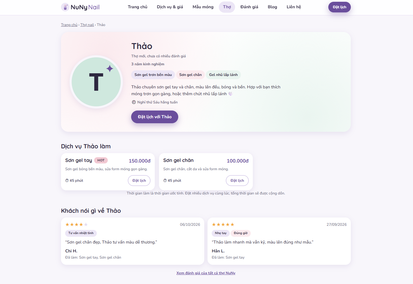 Trang profile thợ Thảo với mục Khách nói gì về Thảo