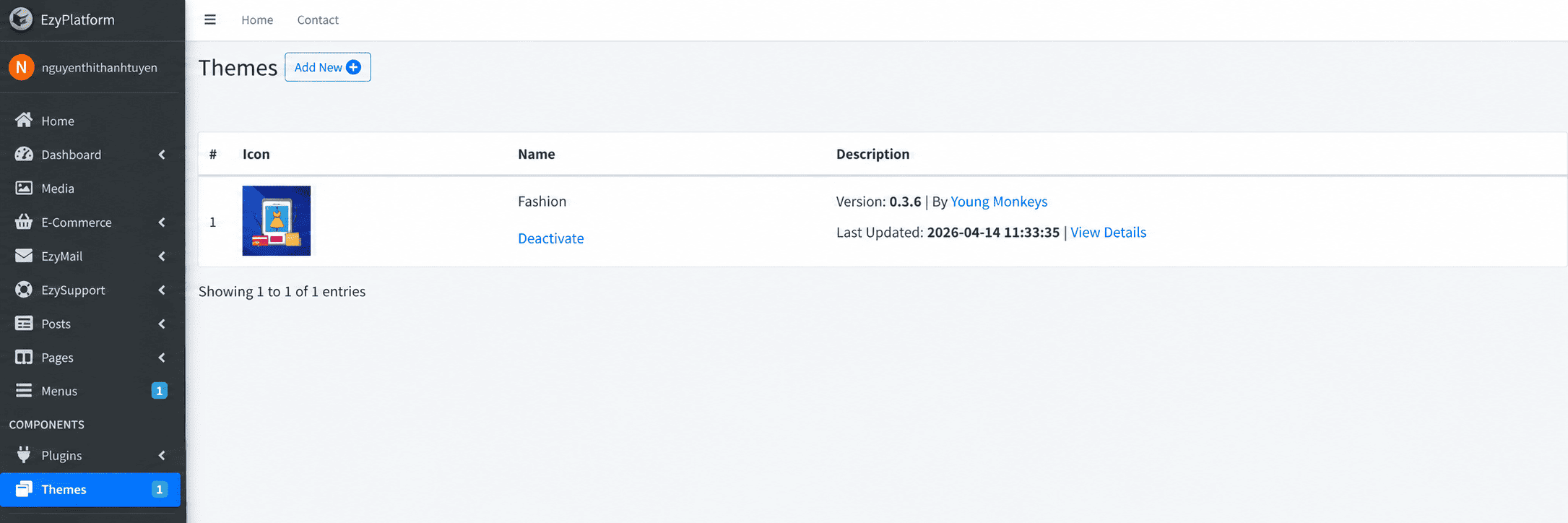 Theme đang hoạt động và trạng thái Deactivate, phần 1