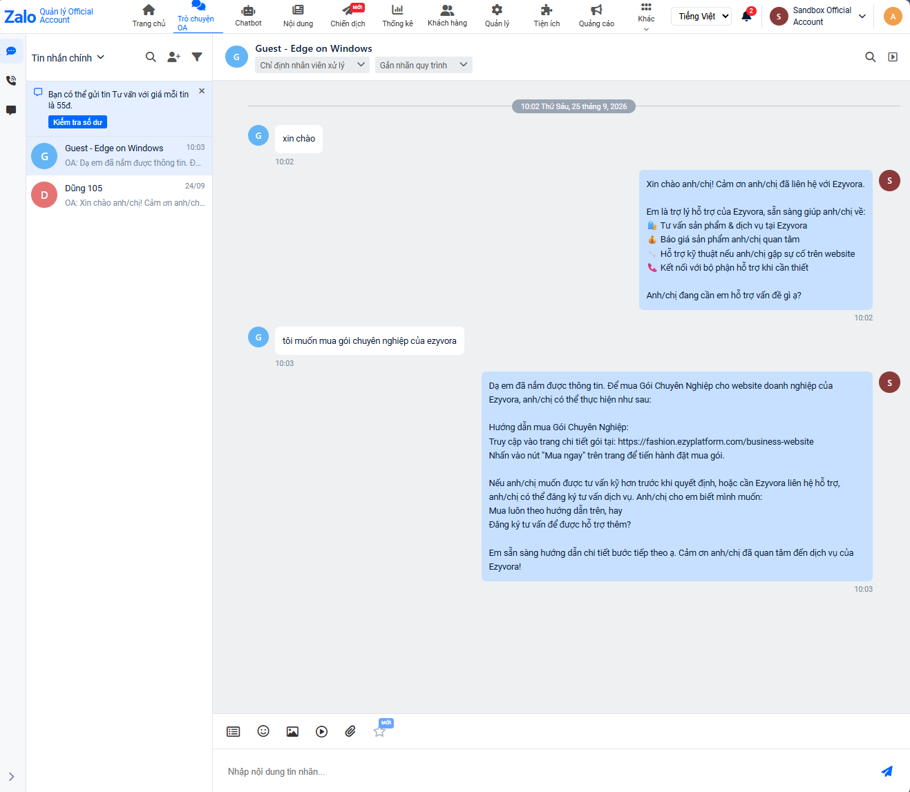 Kiểm tra cuộc hội thoại giữa khách hàng và chatbot trên trang quản trị Zalo OA