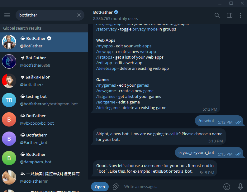 Tạo username cho bot kết thúc bằng bot