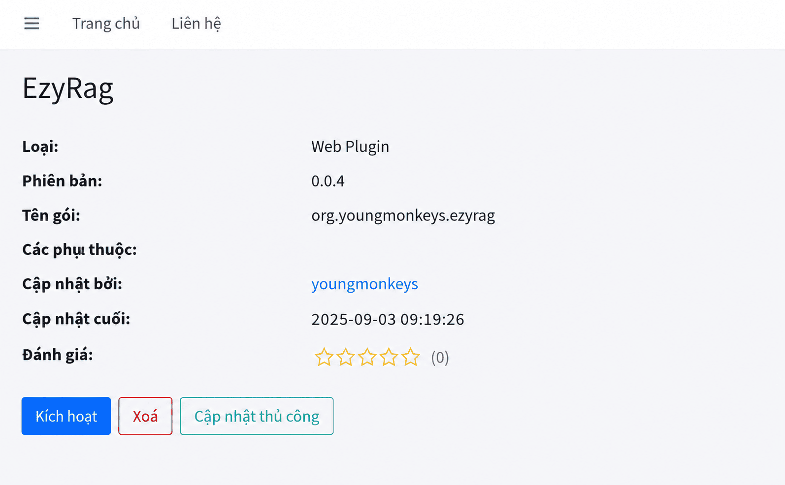 Chi tiết plugin EzyRAG trước khi kích hoạt