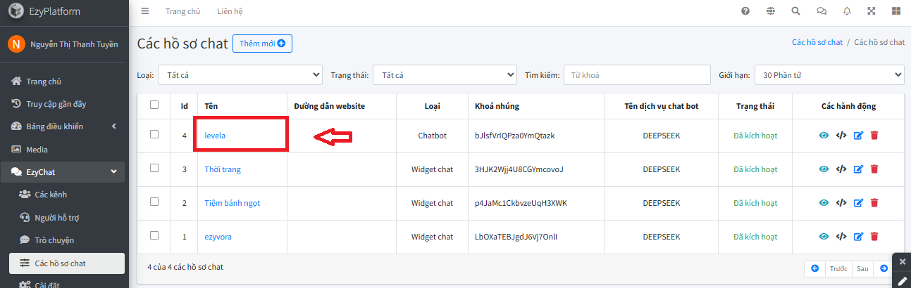 Danh sách hồ sơ chat và hồ sơ levela trong EzyChat