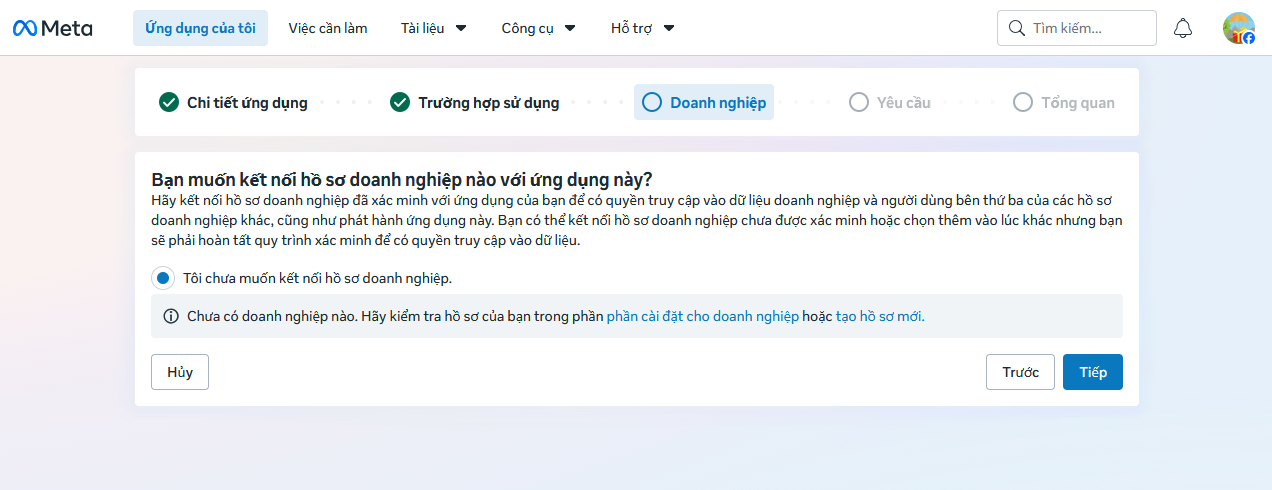 Chọn Tôi chưa muốn kết nối hồ sơ doanh nghiệp