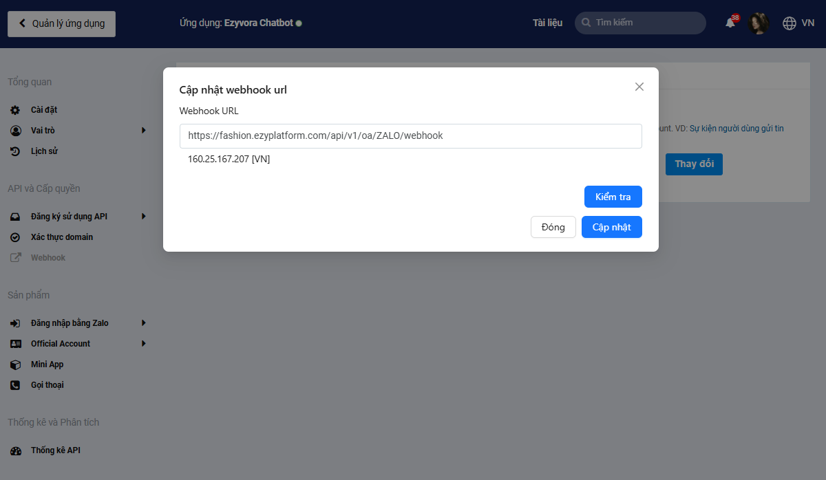 Kết quả kiểm tra Webhook URL hiển thị thông tin máy chủ
