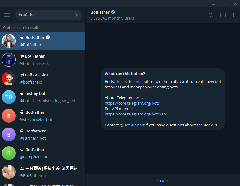 Tìm và chọn tài khoản BotFather chính thức