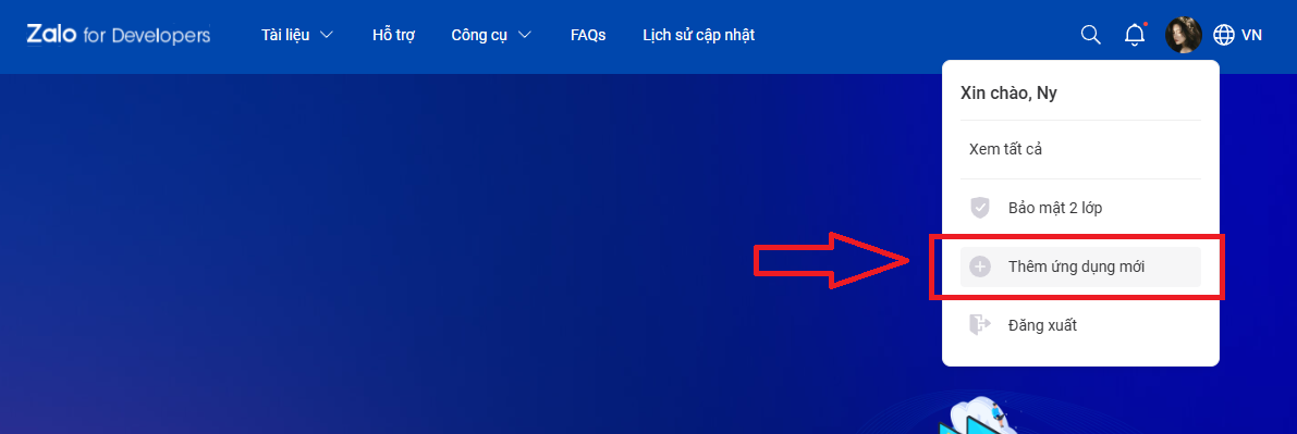 Chọn Thêm ứng dụng mới trên Zalo for Developers