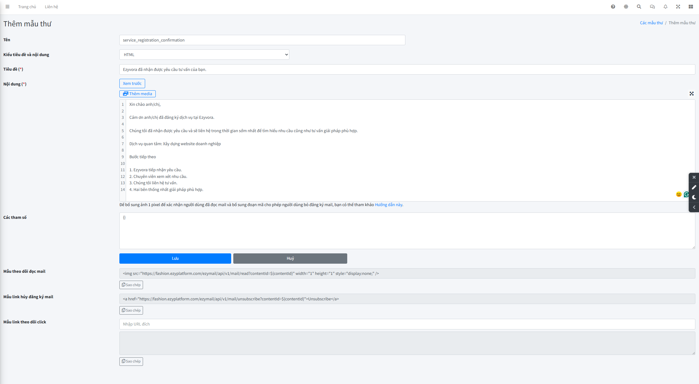 Tạo mới Mail Template service_registration_confirmation