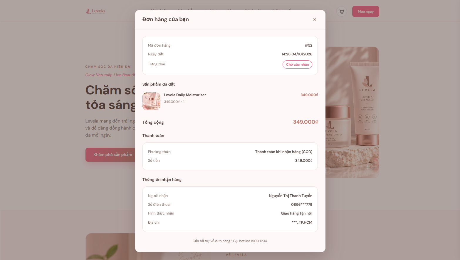 Trang theo dõi đơn hàng Levela hiển thị dữ liệu thực tế