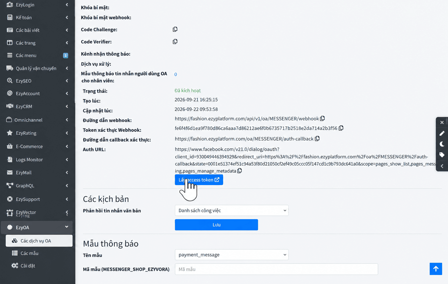 Nhấn Lấy access token trên trang chi tiết dịch vụ Messenger