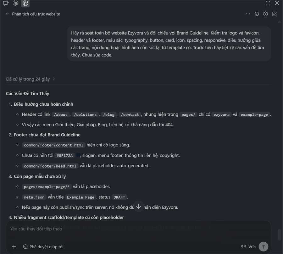 Ảnh chụp prompt rà soát toàn bộ website Ezyvora và danh sách lỗi tìm thấy