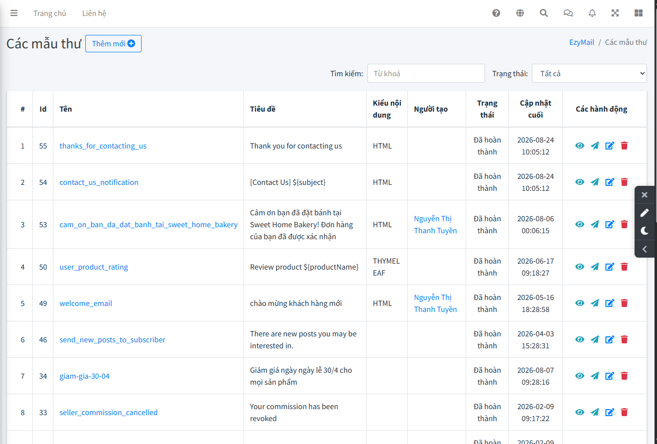 Danh sách các mẫu thư trên EzyPlatform
