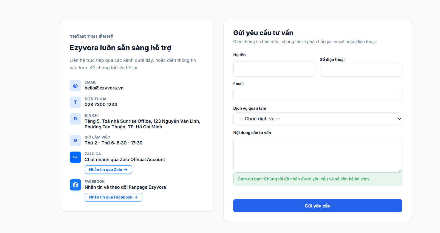 Form liên hệ nhận biết Solution và gói dịch vụ khách vừa chọn