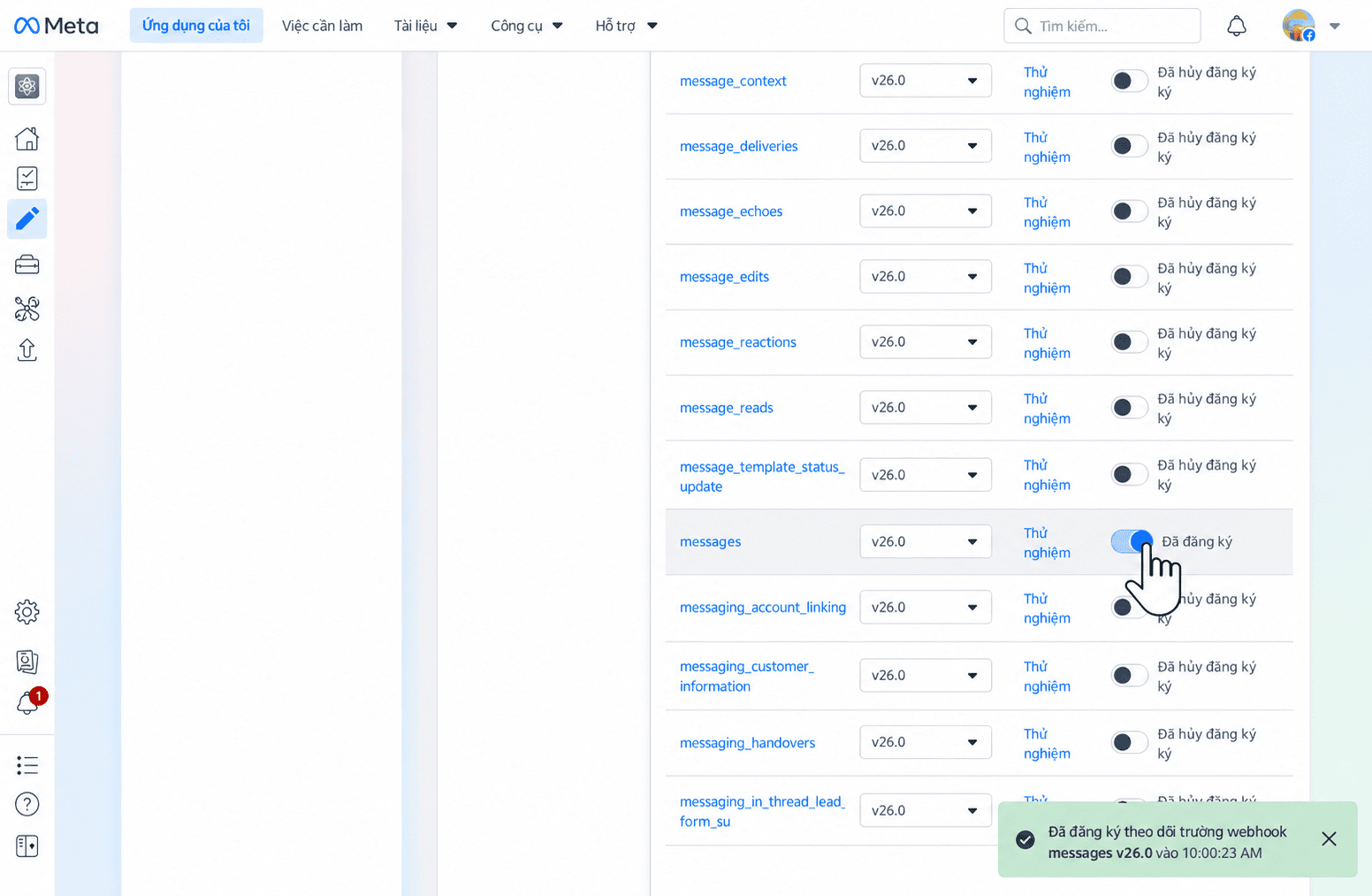 Bật Đăng ký cho trường webhook messages