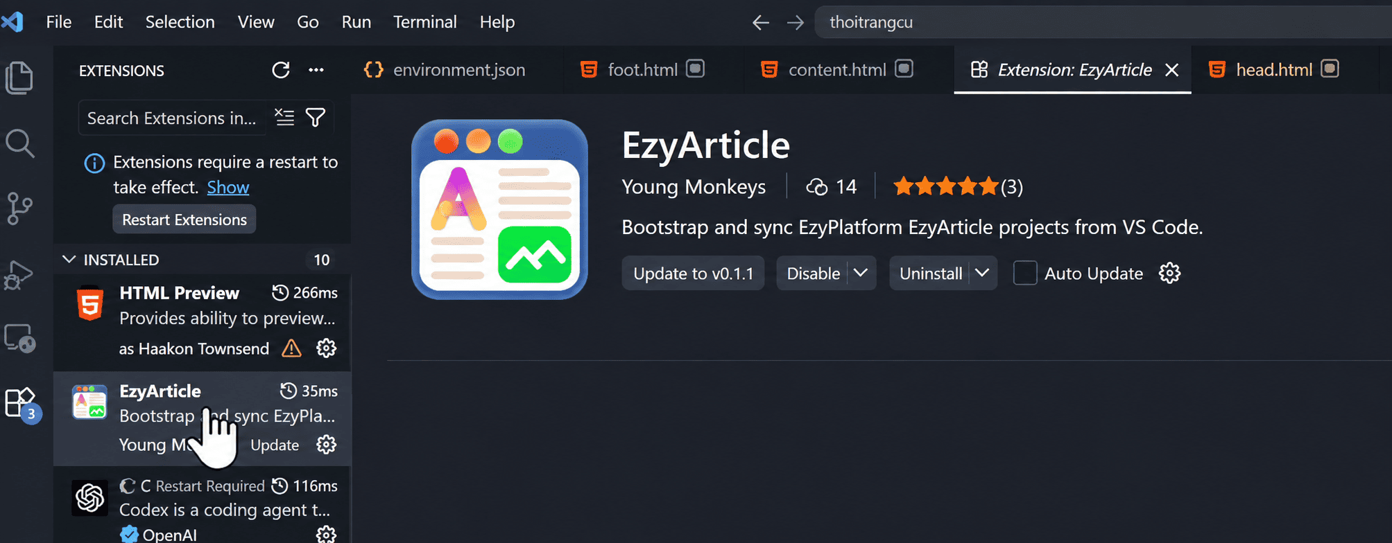 Mục Extensions và menu EzyArticle trong VS Code