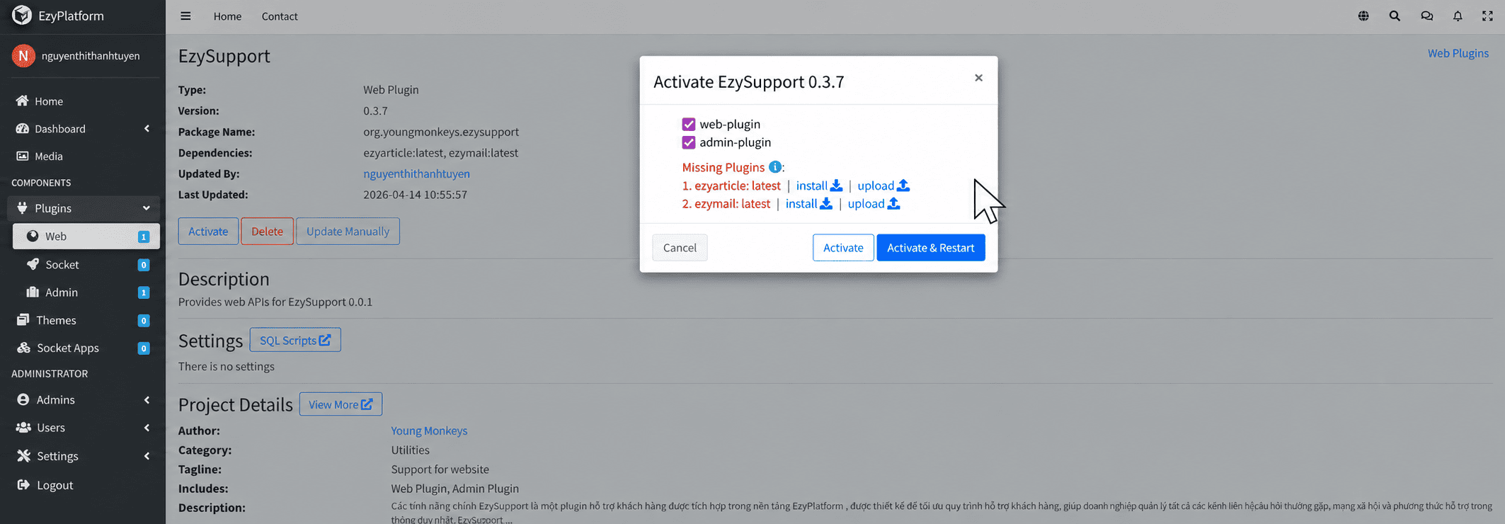 Kích hoạt plugin và cài các plugin phụ thuộc