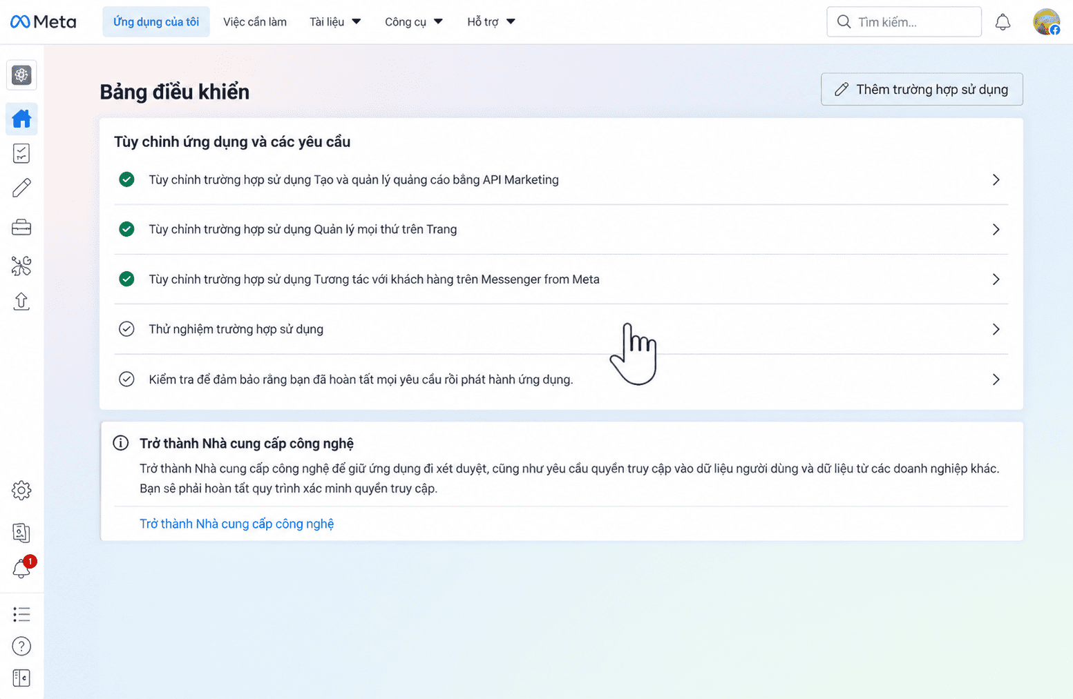 Chọn Thử nghiệm trường hợp sử dụng trong Bảng điều khiển