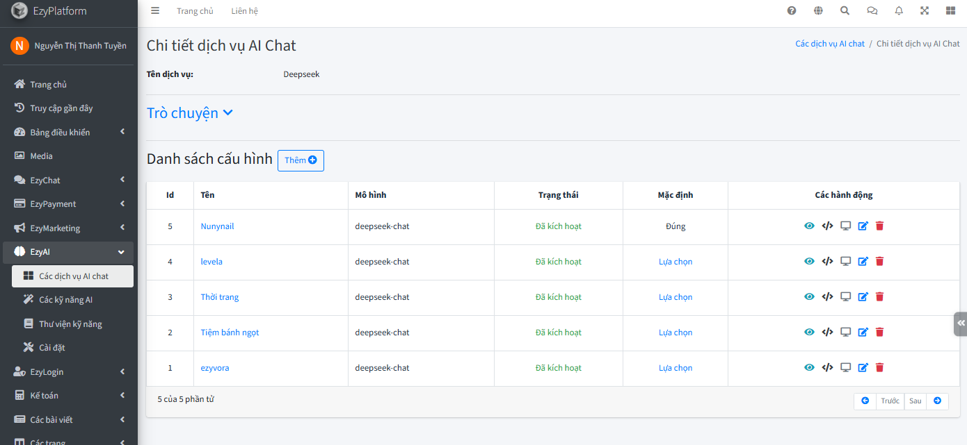Danh sách cấu hình trong dịch vụ AI Chat Deepseek, cấu hình Nunynail là mặc định