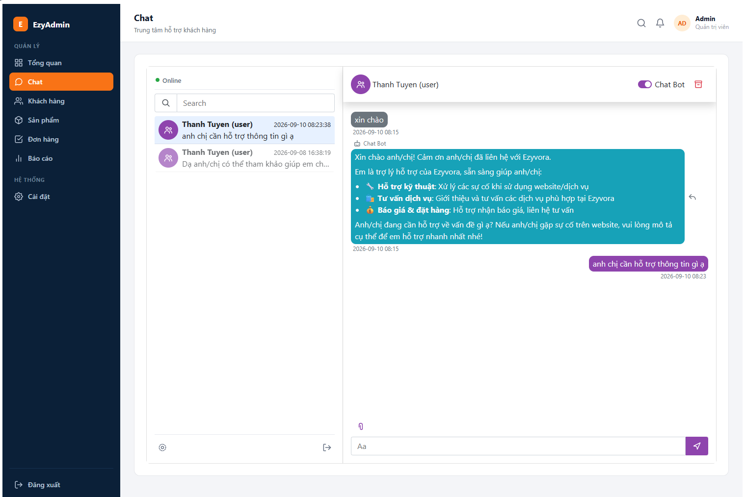 Giao diện Admin của EzyChat Support sau khi được AI tạo