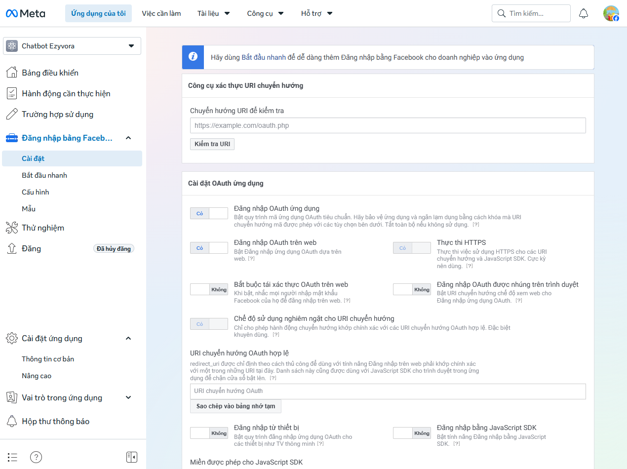 Khai báo đường dẫn callback tại Đăng nhập bằng Facebook - Cài đặt