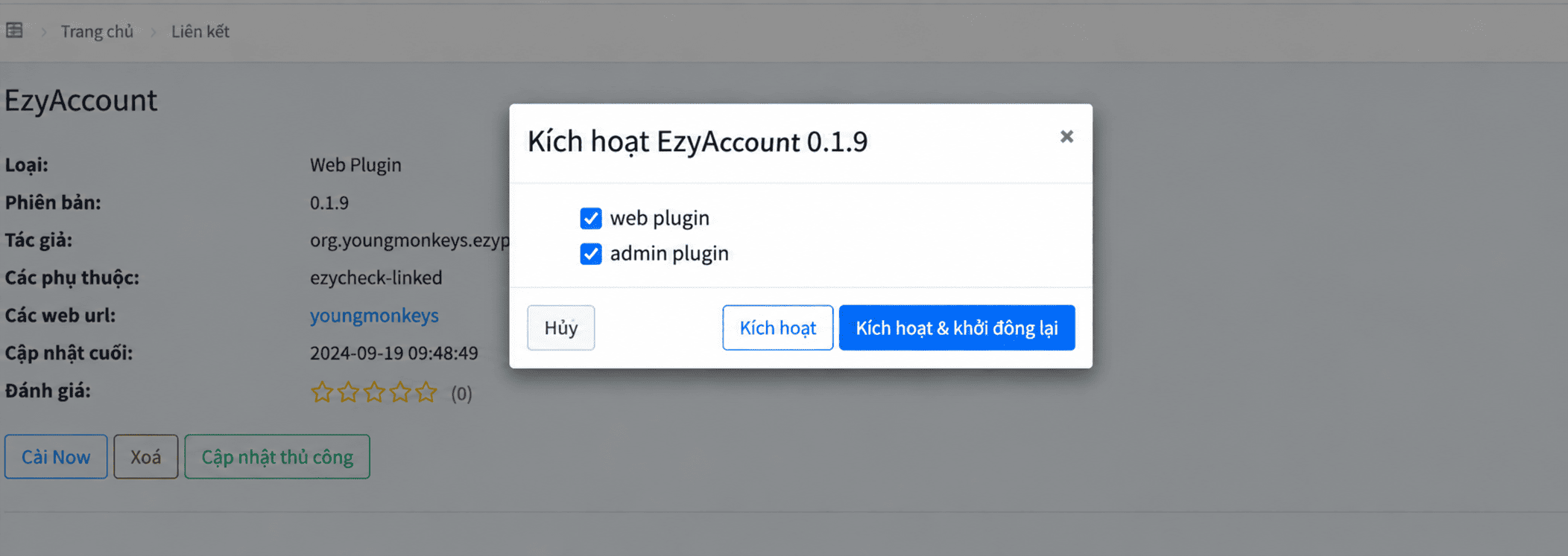 Kích hoạt web plugin và admin plugin của EzyAccount