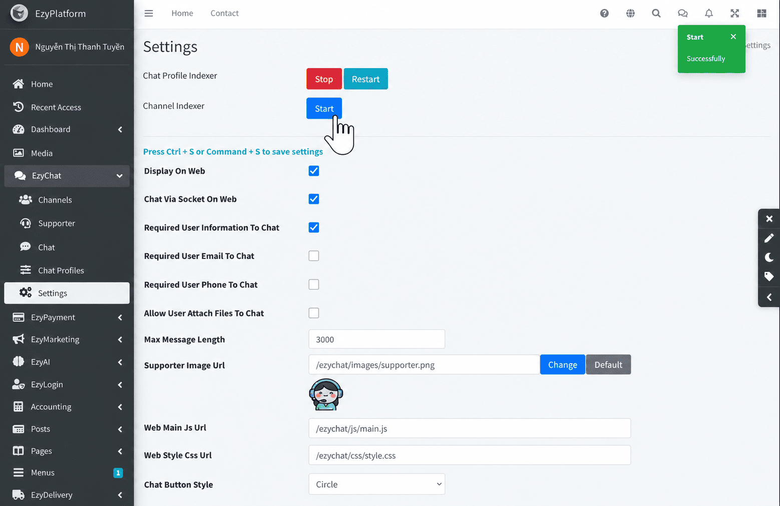 Thông báo Successfully sau khi khởi động Chat Profile Indexer