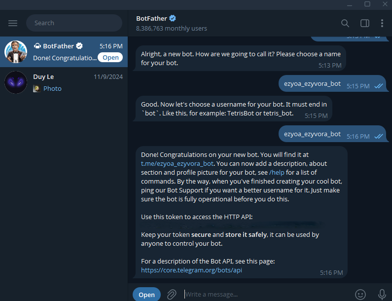 BotFather cung cấp Bot Token sau khi tạo bot thành công