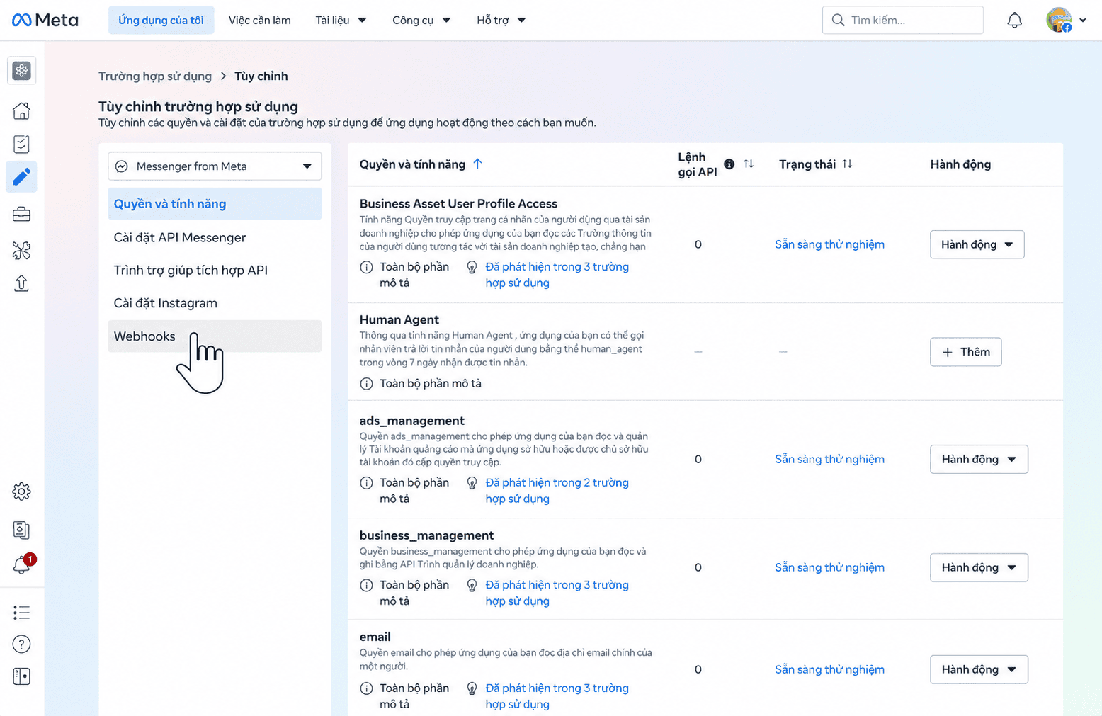Chọn Webhooks trong trường hợp sử dụng Messenger from Meta