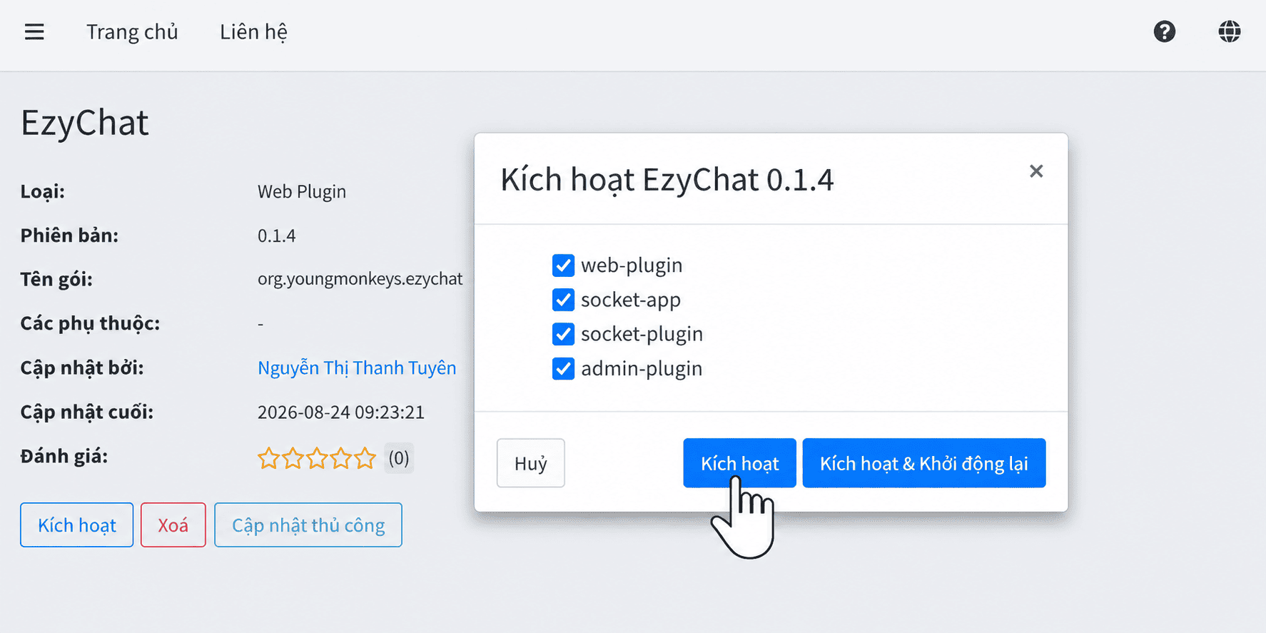 Chọn các thành phần cần kích hoạt của EzyChat
