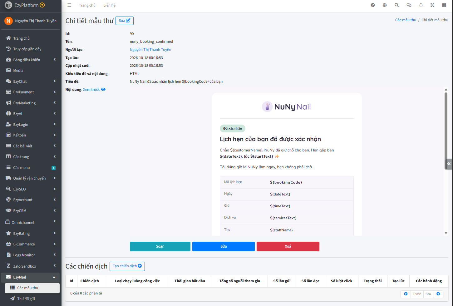 Mẫu thư nuny_booking_confirmed trong EzyMail với các biến bookingCode, dateText, staffName