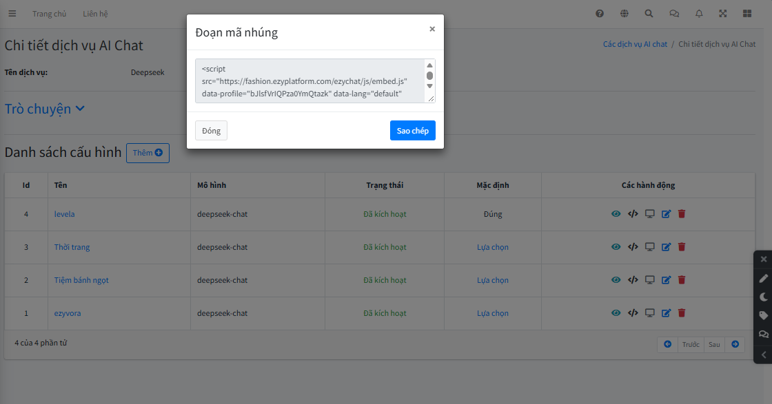 Đoạn mã nhúng do EzyPlatform cung cấp