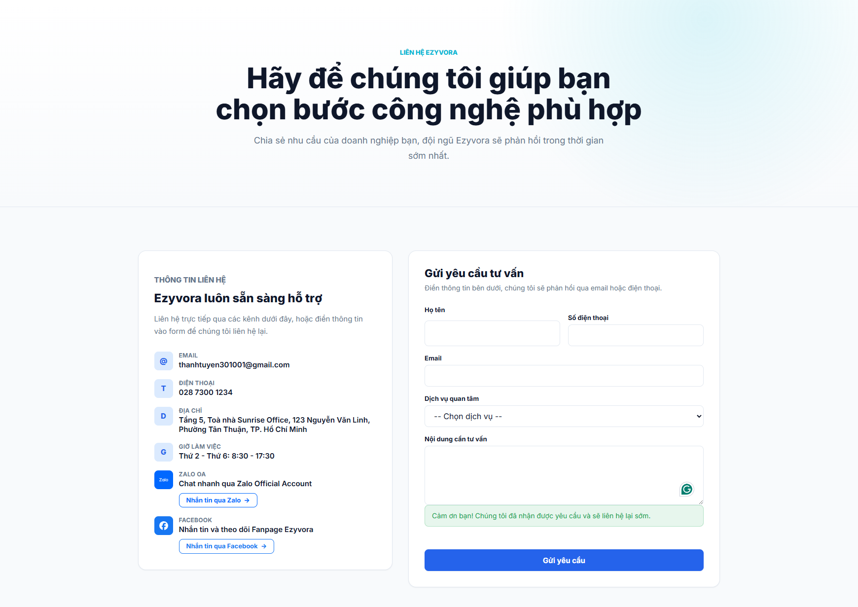 Website hiển thị thông báo gửi yêu cầu thành công