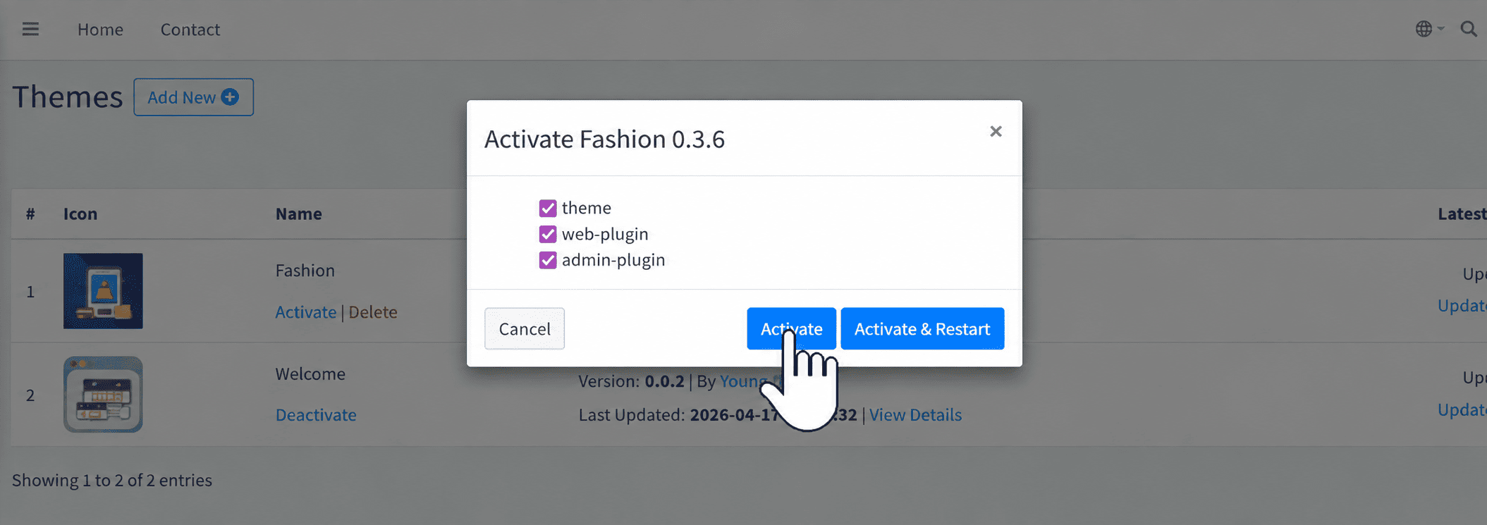 Popup Active xác nhận kích hoạt theme