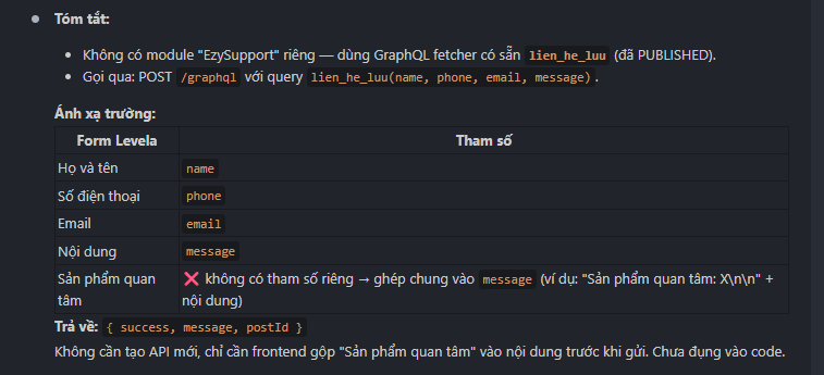 AI xác định API/Ezy Function EzySupport phù hợp cho form tư vấn Levela