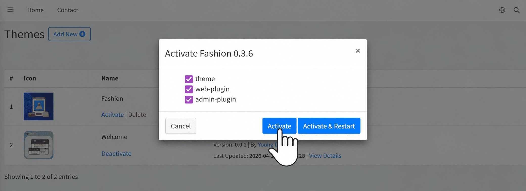 Active và Restart lại theme Fashion