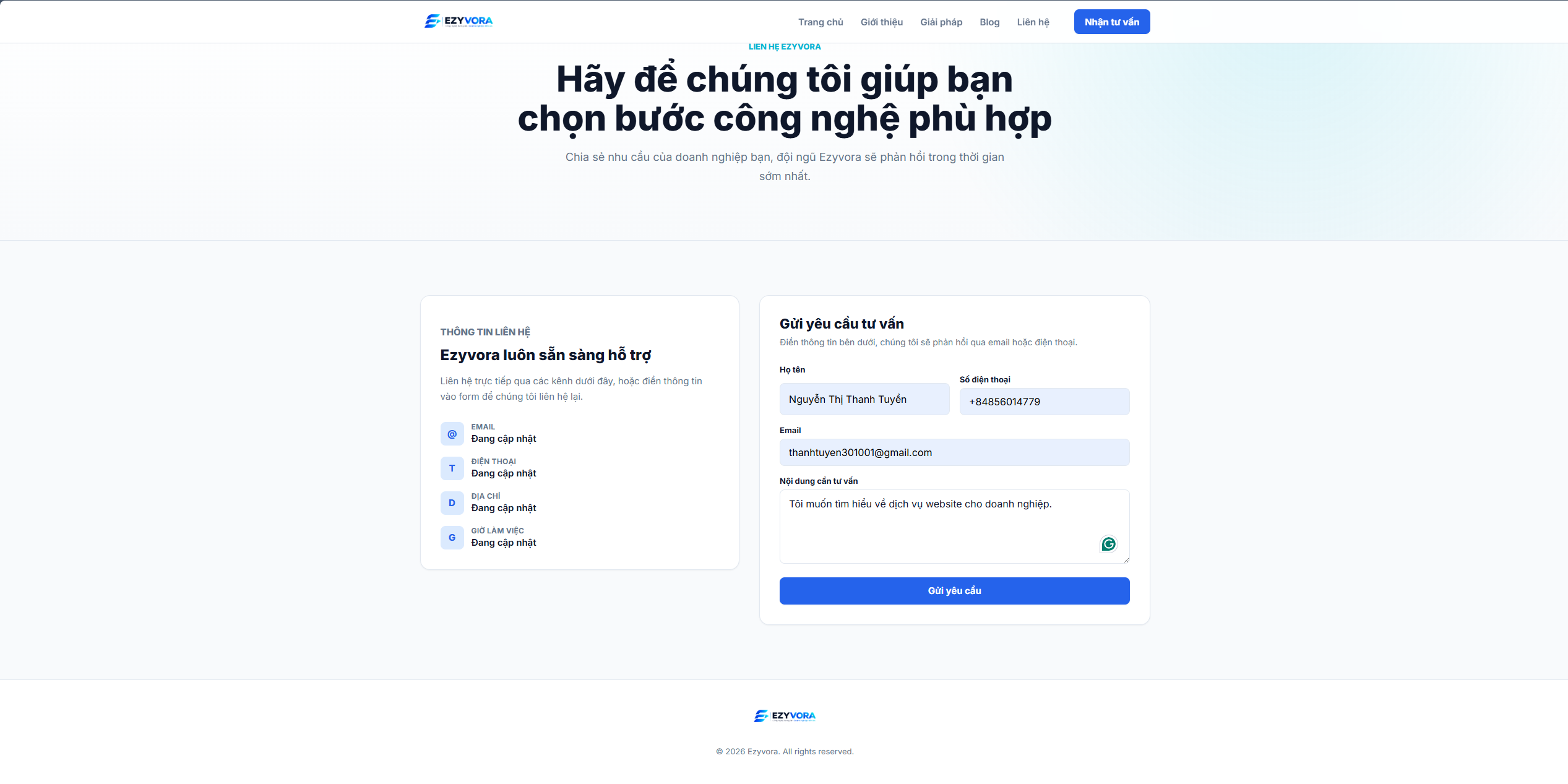 Điền form đăng ký dịch vụ như một khách hàng thật