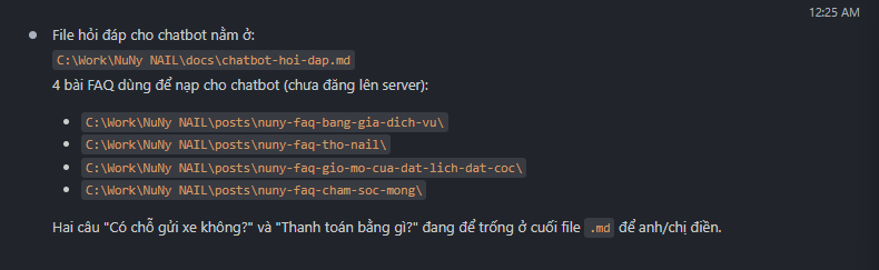 AI báo đã tạo file chatbot-hoi-dap.md và 4 bài FAQ để nạp cho chatbot
