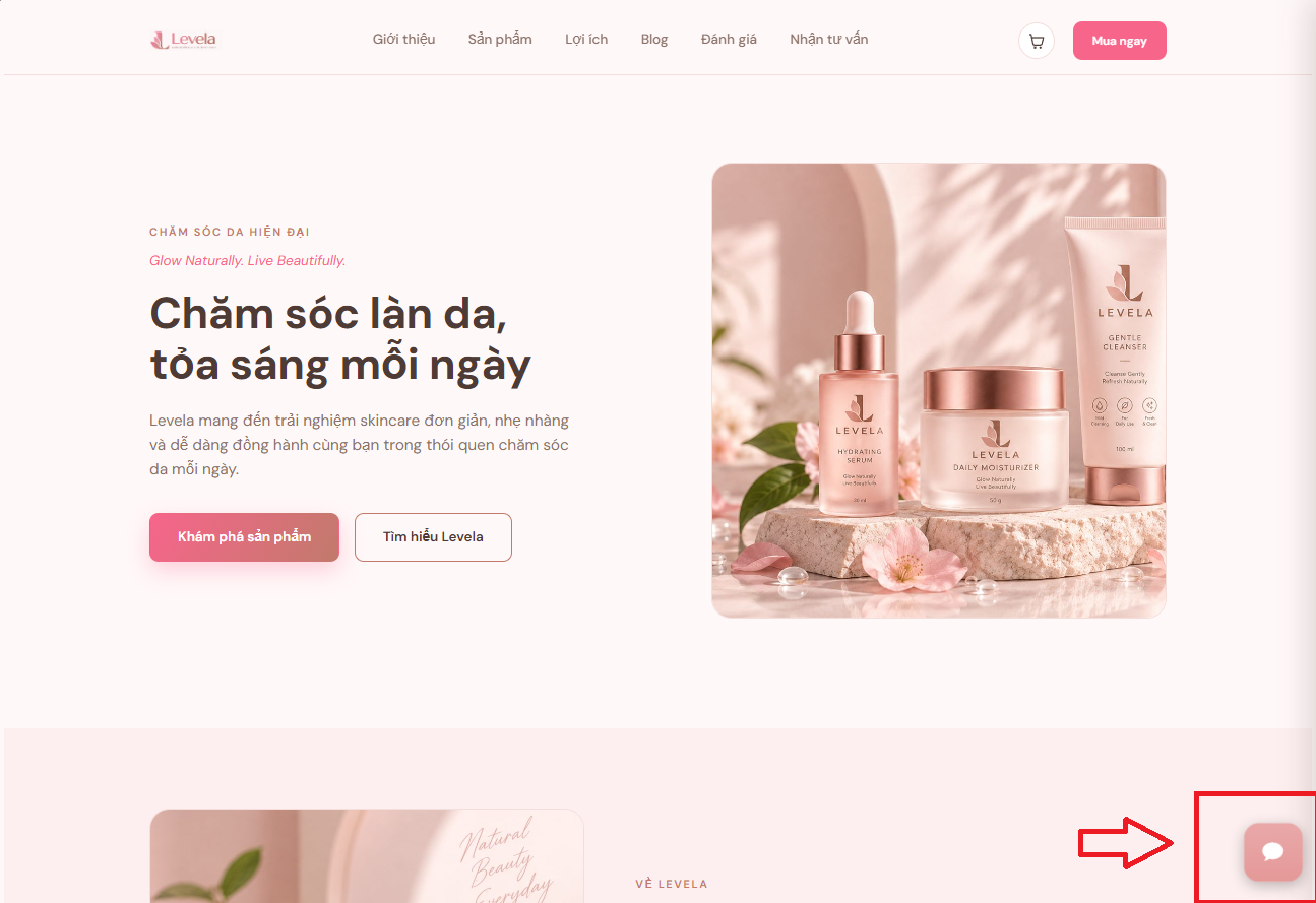 Nút Chatbot Levela ở góc dưới bên phải Landing Page