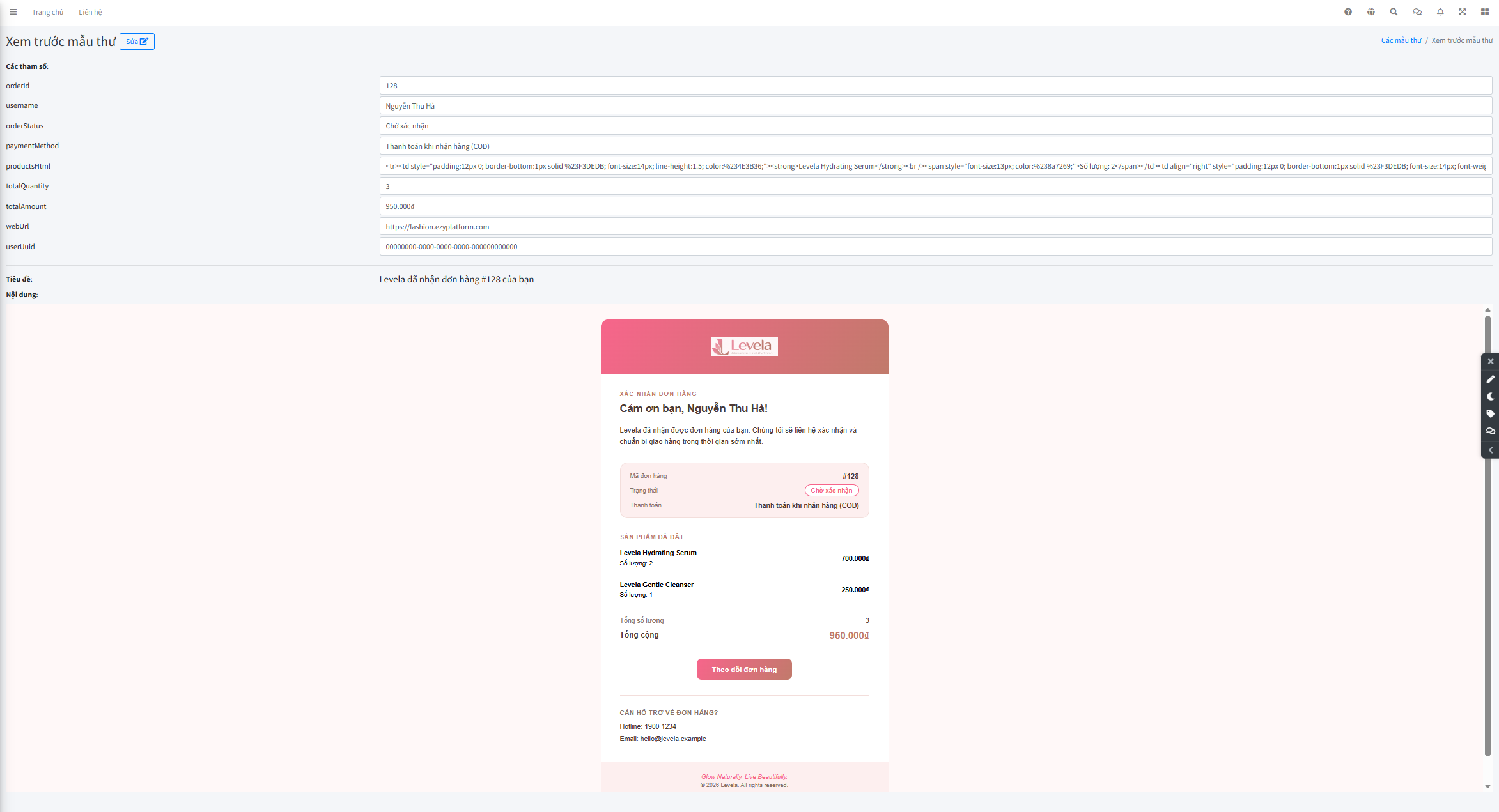Preview Mail Template xác nhận đơn hàng với dữ liệu thử