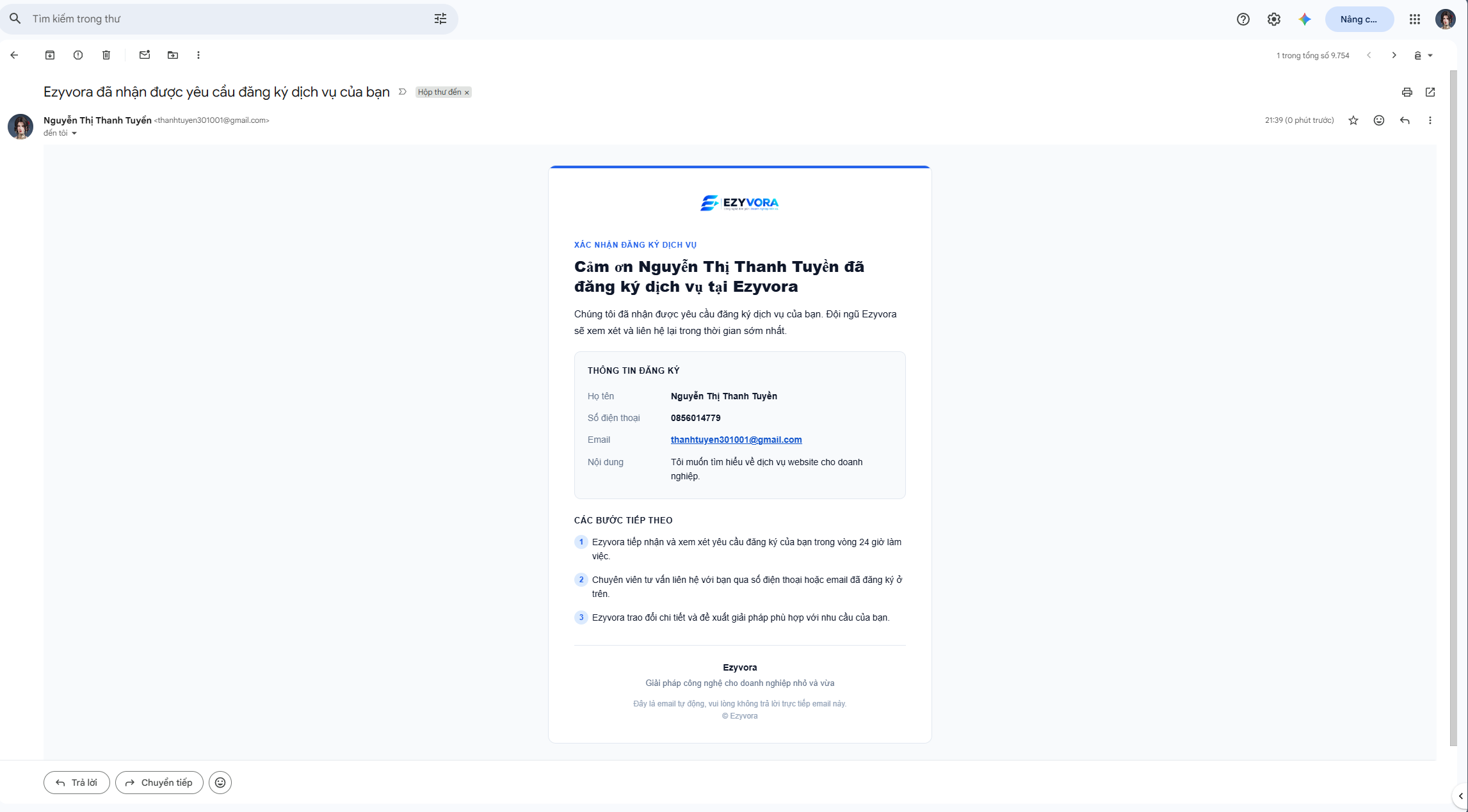 Email xác nhận đăng ký dịch vụ trong hộp thư khách hàng