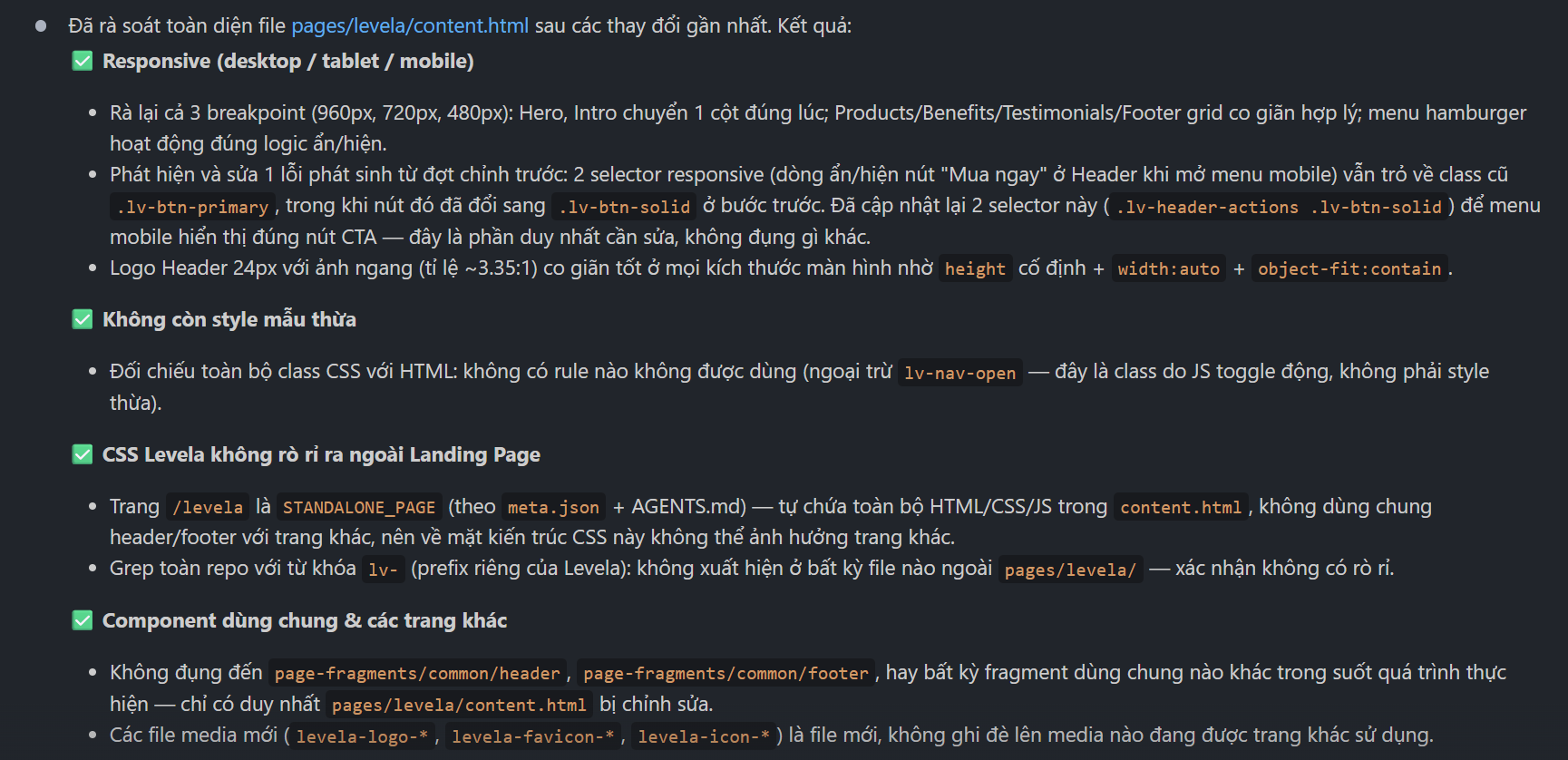 Kết quả kiểm tra cuối cùng của Landing Page levela
