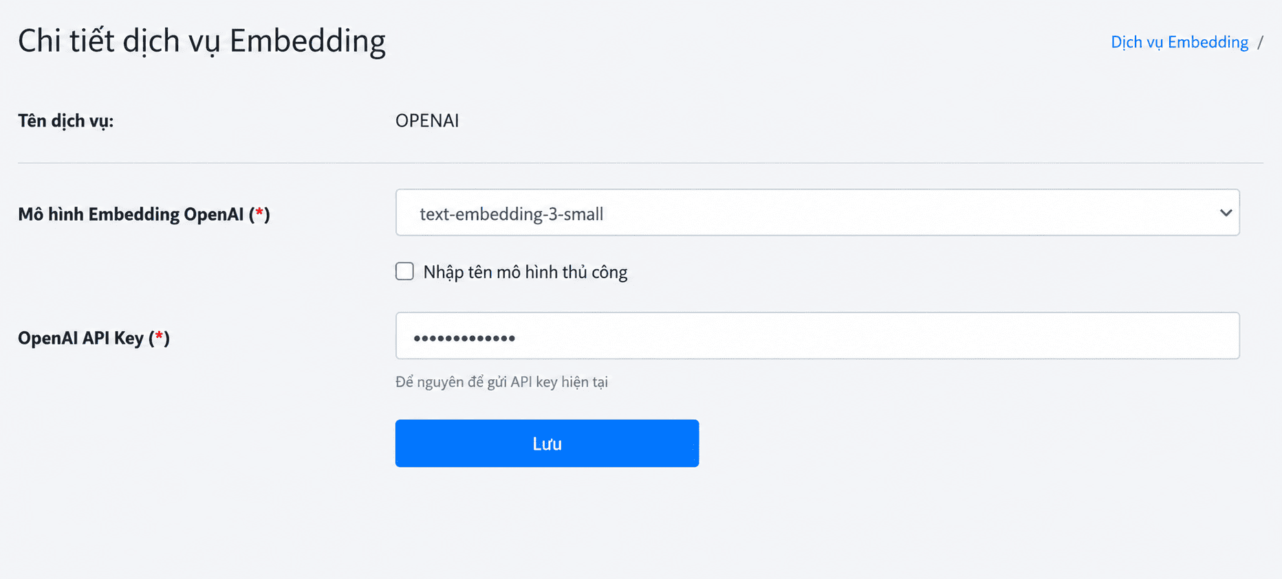 Nhập OpenAI API Key cho dịch vụ Embedding