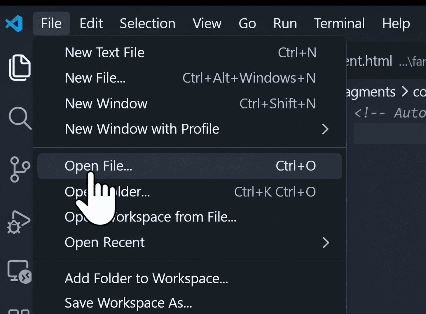 Mở thư mục bằng File → Open Folder trong Visual Studio Code