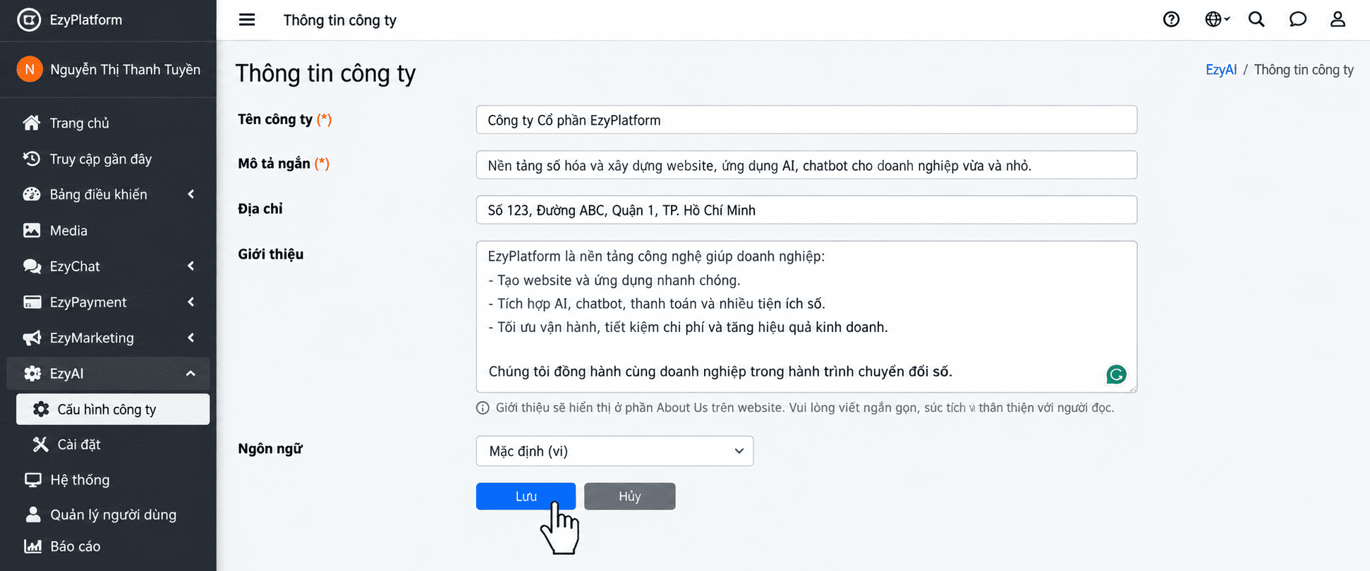 Điền thông tin giới thiệu Ezyvora cho kỹ năng AI