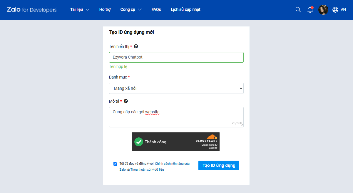 Khai báo thông tin để tạo ID ứng dụng Zalo