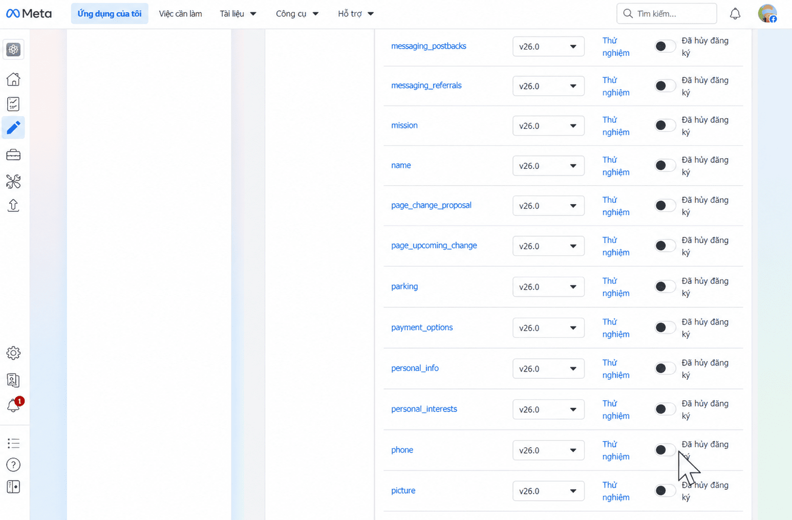 Thông báo đã đăng ký theo dõi trường webhook messages