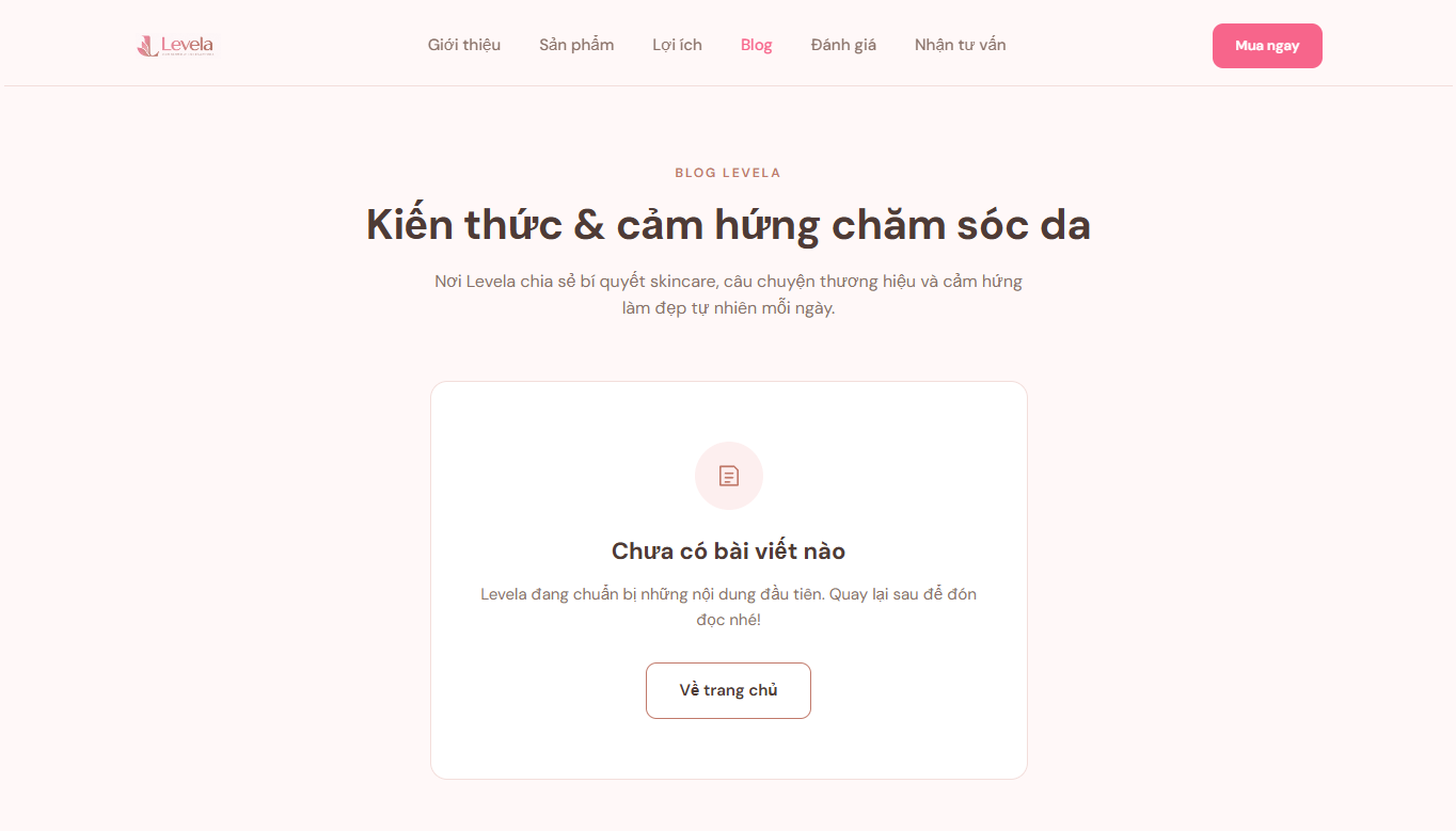 Kết quả sau khi thêm mục Blog vào menu và tạo trang Blog Levela
