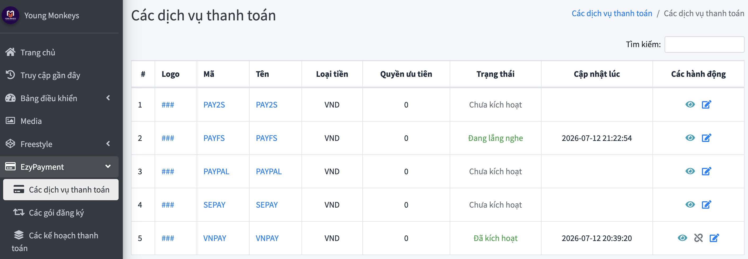 Danh sách các dịch vụ thanh toán trong EzyPayment